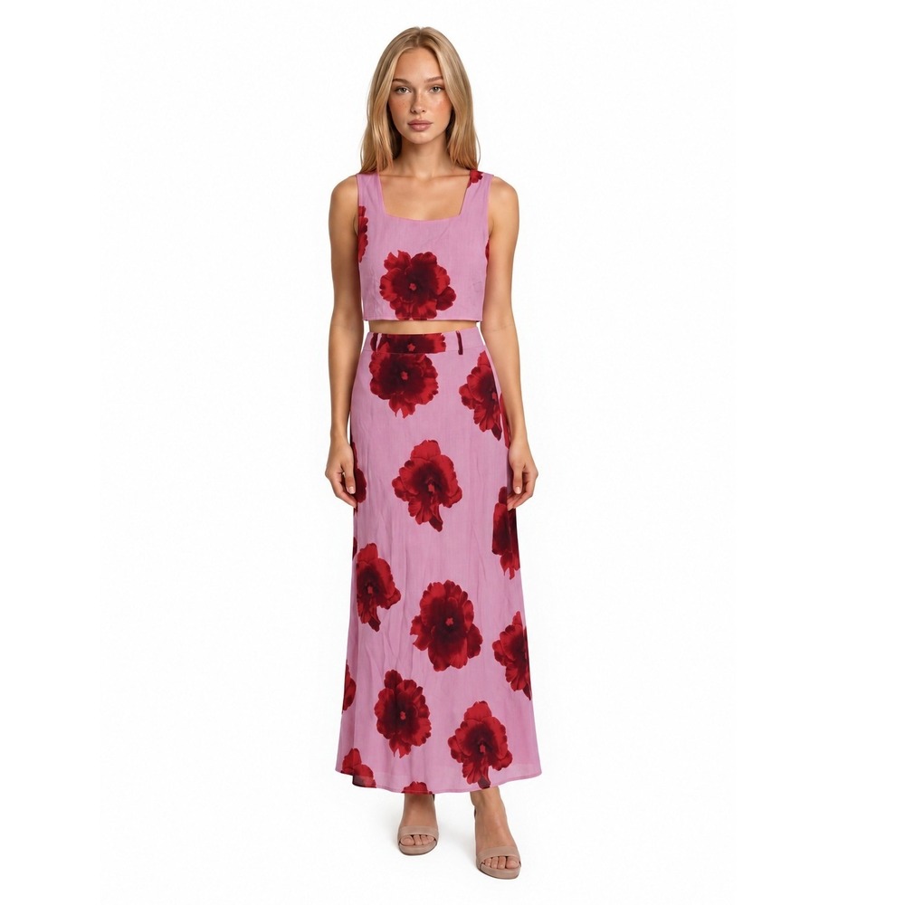 NEW Paper Heart Top Skirt Set Womens Size Medium Pink Red Floral Linen Blend